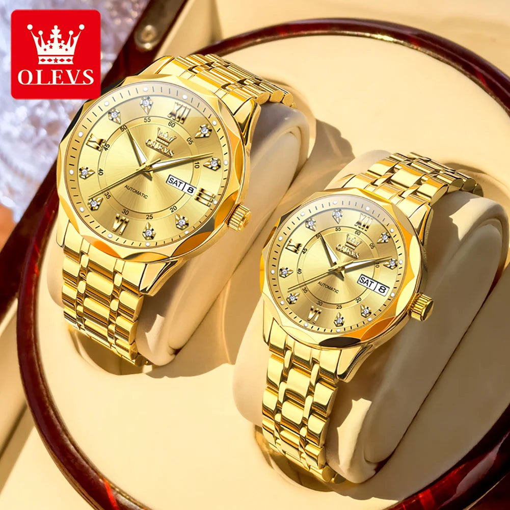 Relojes para pareja OLEVS 6727, marca de lujo, reloj mecánico automático, resistente al agua, luminoso, reloj de pulsera para pareja con día y fecha