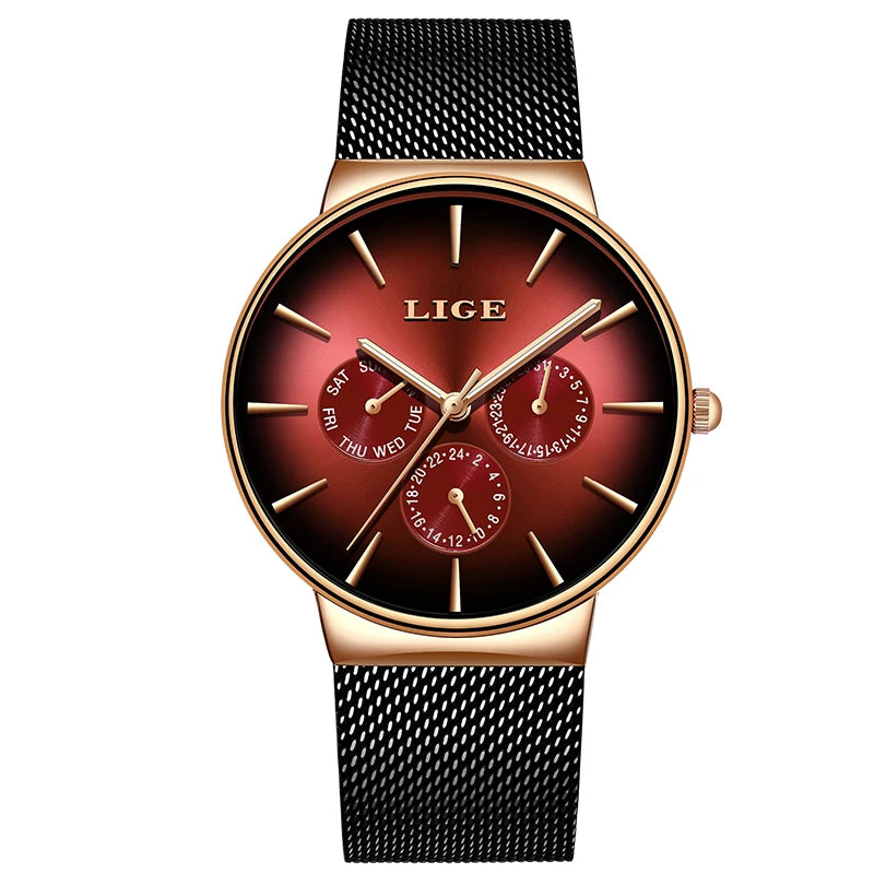 Reloj de mujer LIGE Fashion Luxury, elegante y casual, deportivo con correa de malla, reloj de cuarzo para mujer, sencillo, con fecha, día de la semana e impermeable.