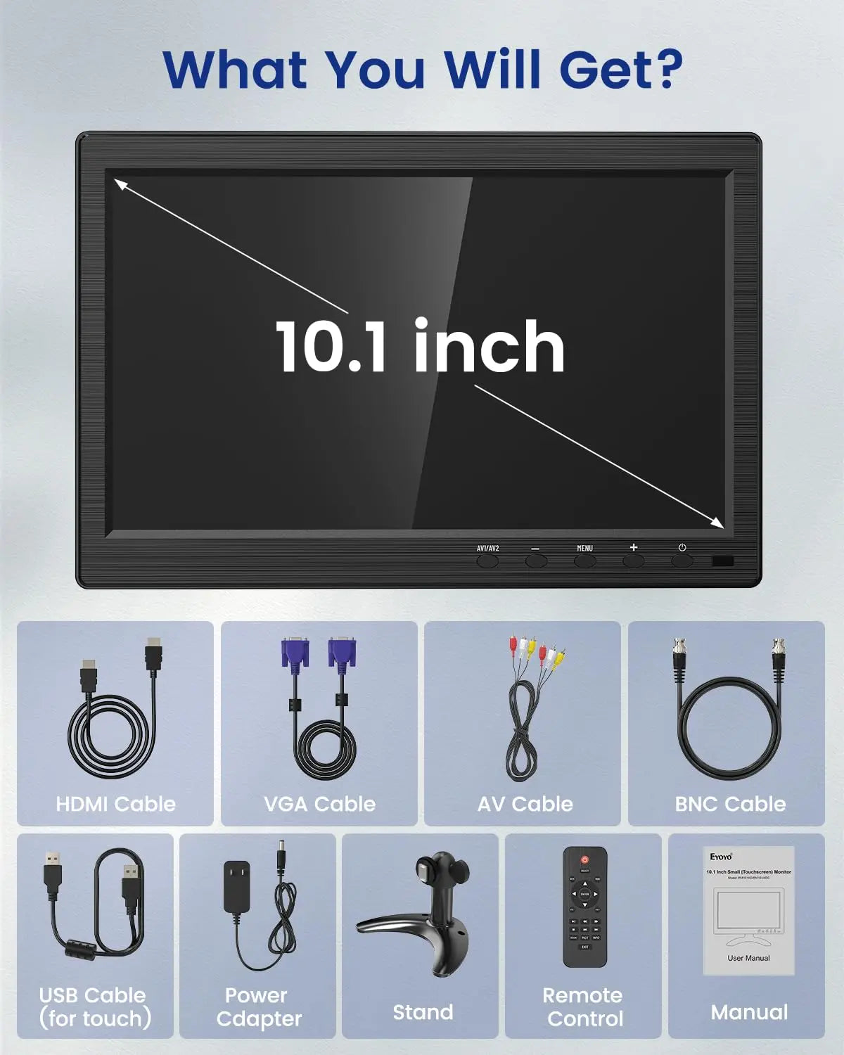 Monitor táctil Eyoyo de 10 pulgadas con pantalla IPS de 1366x768, monitor de escritorio táctil de 10 puntos con altavoz, entradas HDMI, VGA y AV, carcasa metálica, compatibilidad con VESA 75x75, para Raspberry Pi/POS