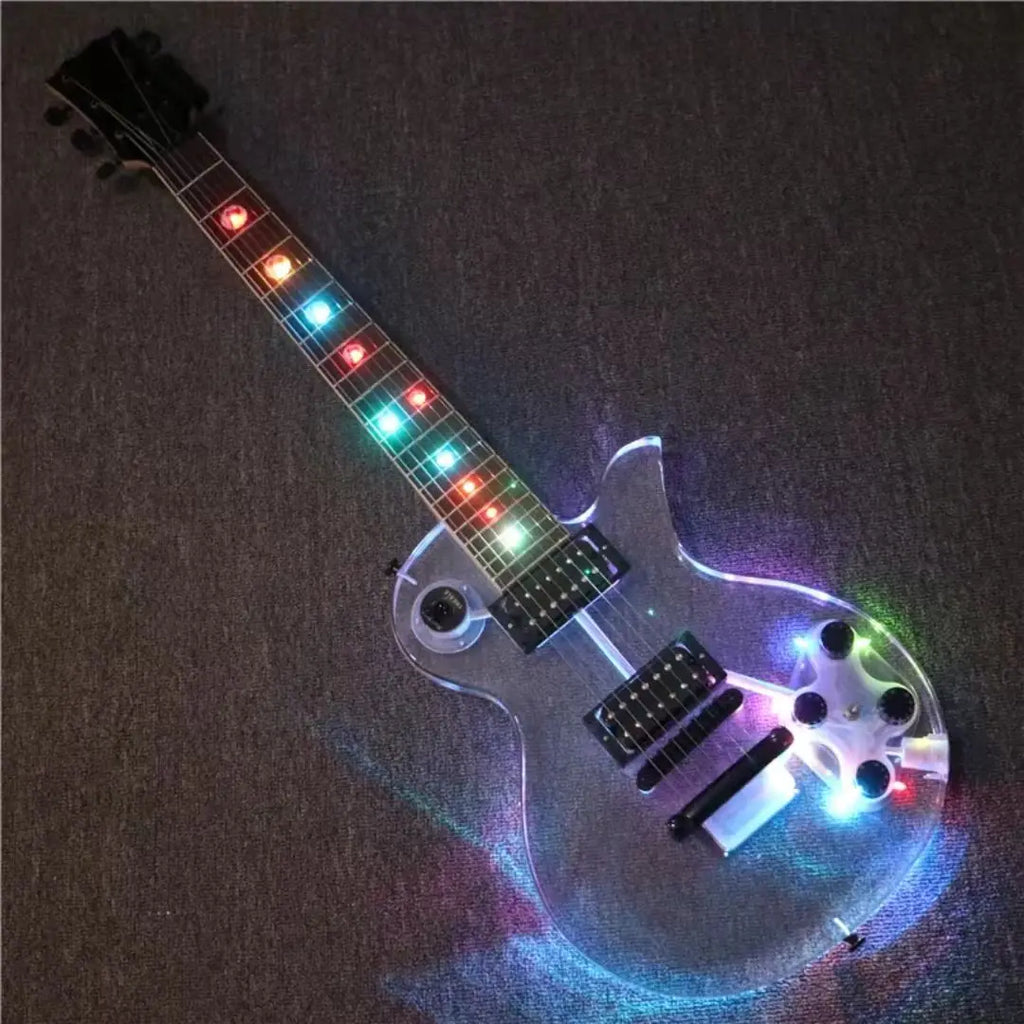 Bajo eléctrico profesional de 7 cuerdas, cuerpo acrílico, luces LED cambiantes, parte superior sólida, palisandro/acero, ukelele barato, ébano mate
