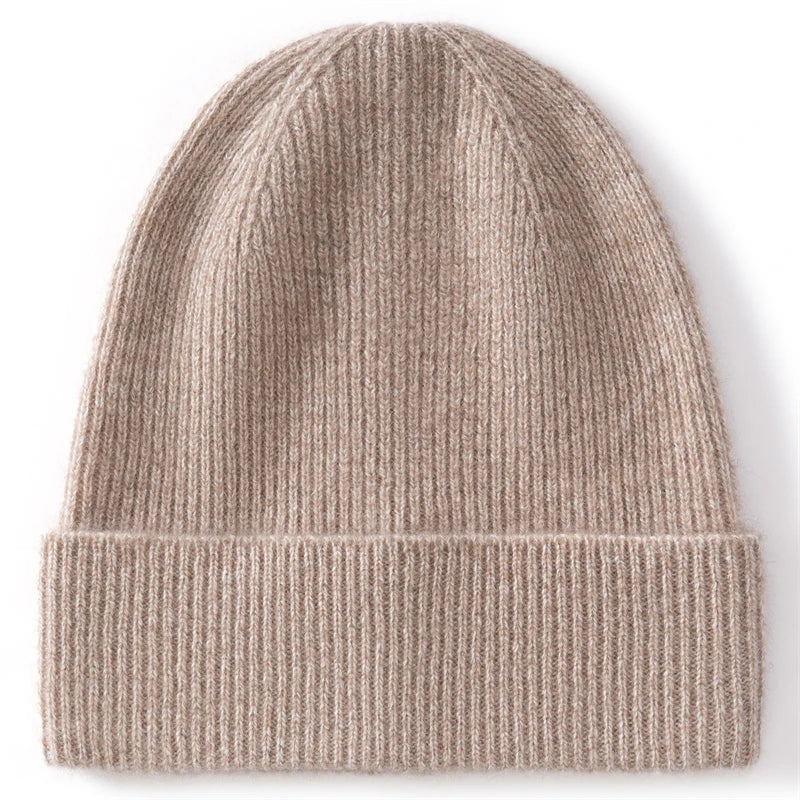 Gorro de Punto 100% Cachemira Pura KOIJINSKY, Textura de Canalé, Puño Plegable, Gorro de Invierno Suave y Cálido para Mujer