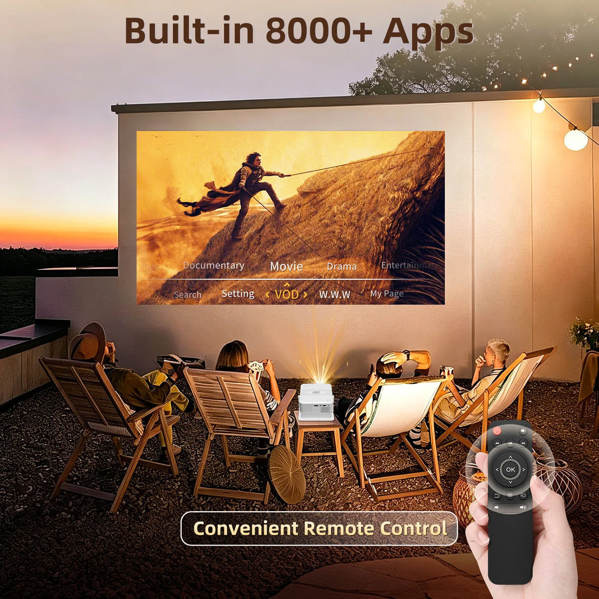 Proyector mini blanco con control remoto, proyectando contenido al aire libre.