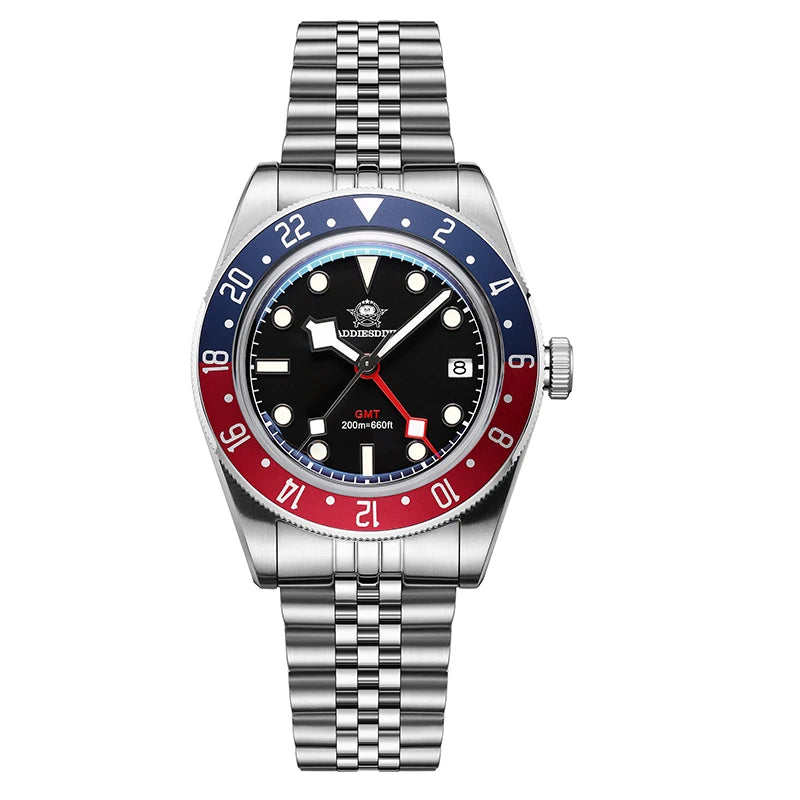 Reloj GMT de lujo para hombre ADDIESDIVE AD2044, cristal de burbuja, cuarzo suizo Ronda, reloj de negocios para hombre, resistente al agua 200 m, luminiscencia BGW9