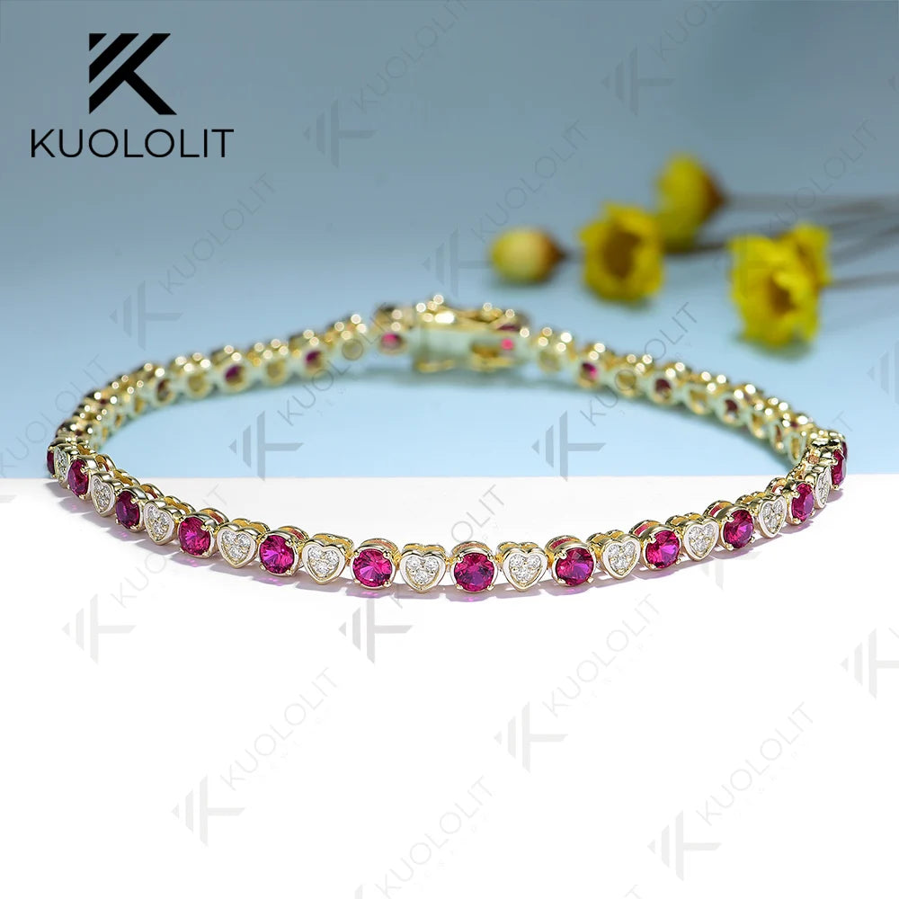 Kuololit Pulsera de tenis de rubí cultivada en laboratorio para mujeres y hombres, pulsera de moissanita de oro amarillo sólido de 18 quilates, 14 quilates, 10 quilates, 585 para regalos de navidad