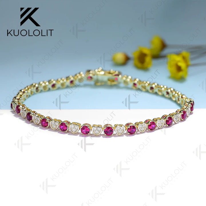 Kuololit Pulsera de tenis de rubí cultivada en laboratorio para mujeres y hombres, pulsera de moissanita de oro amarillo sólido de 18 quilates, 14 quilates, 10 quilates, 585 para regalos de navidad