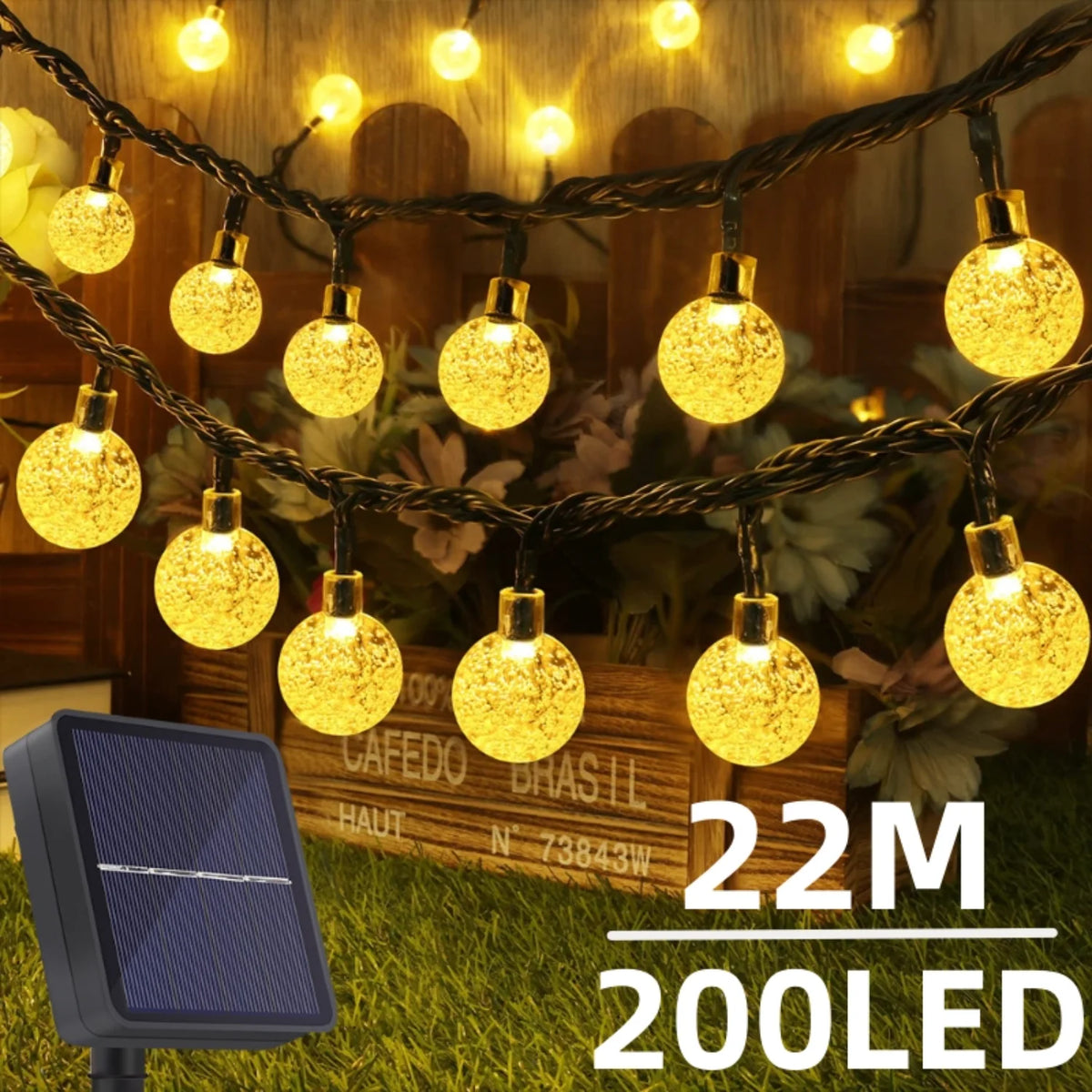 Guirnalda de luces solares para exteriores, 200 luces LED de globo de cristal, luces de hadas impermeables para jardín, Navidad y decoración exterior