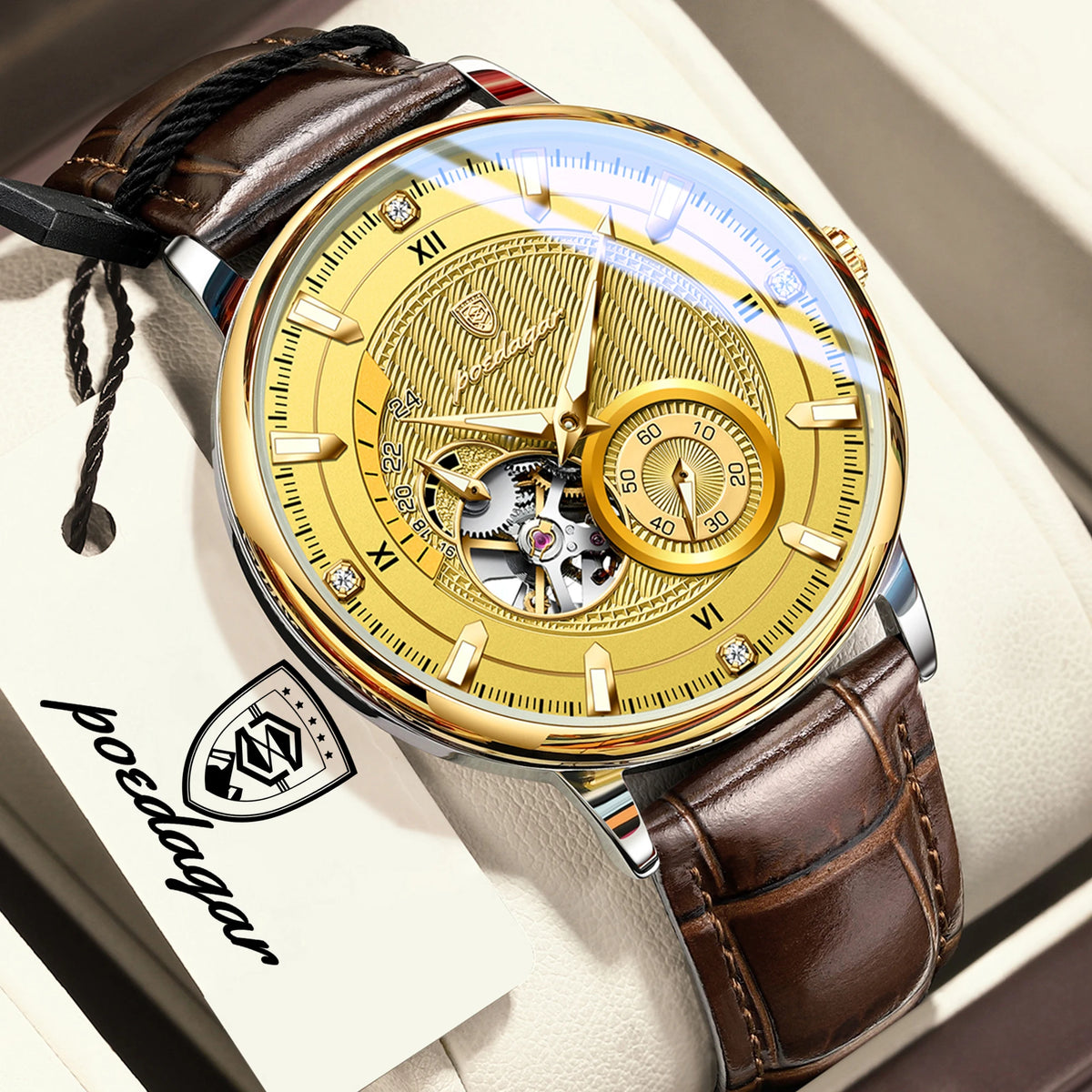 Reloj POEDAGAR de moda para hombre, luminoso, resistente al agua, con tourbillon hueco, correa de piel, reloj mecánico automático deportivo para caballero