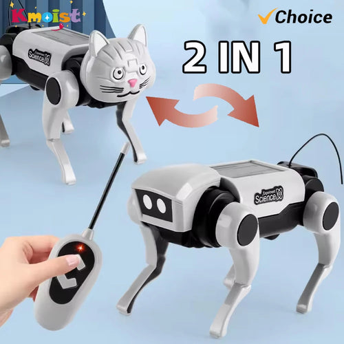Perro robot teledirigido blanco y negro con control remoto de mano