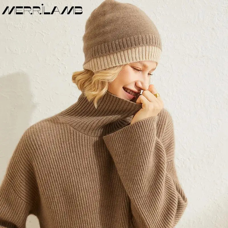 MERRILAMB-Sombrero de Cachemira para mujer, gorros gruesos y cálidos con orejeras, capucha, de punto, 100%