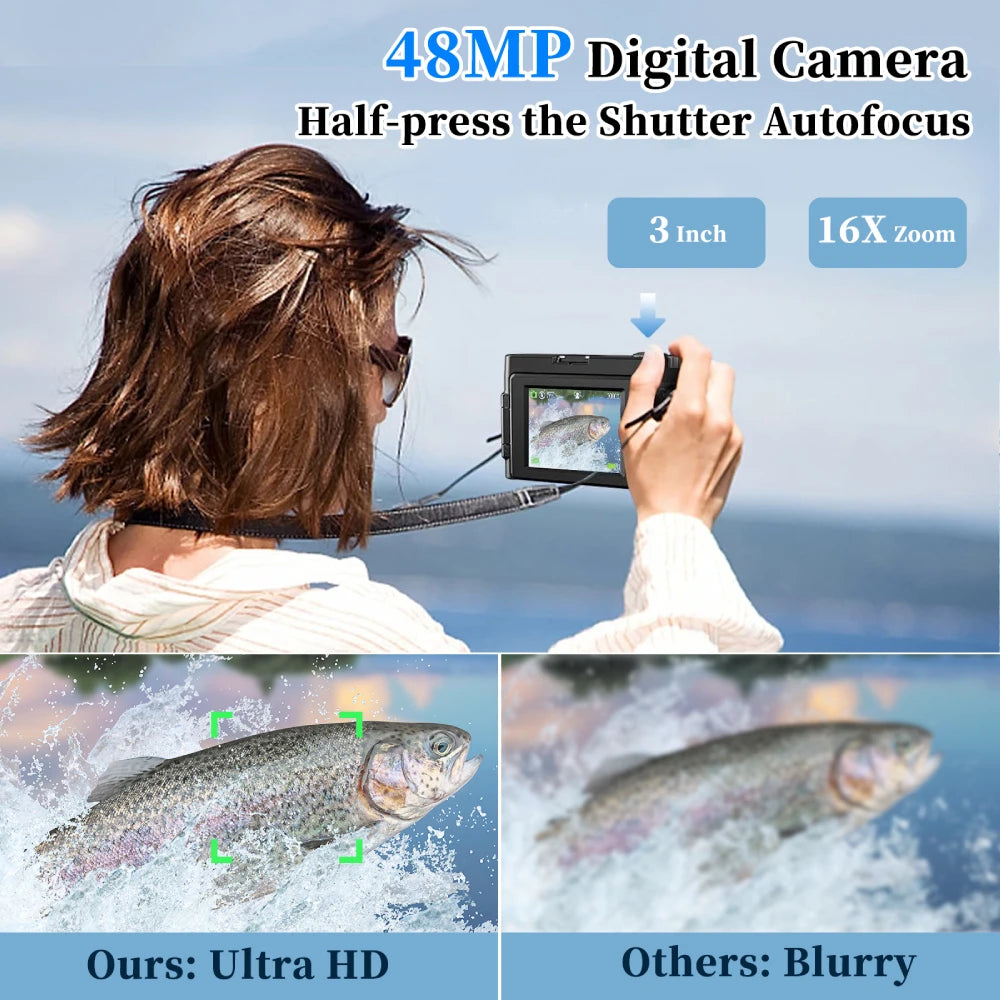 Cámara digital 4K para fotografía y vídeo Cámara de vlogging compacta antivibración con enfoque automático de 48 MP 3'' 180 °   Pantalla abatible con Flash