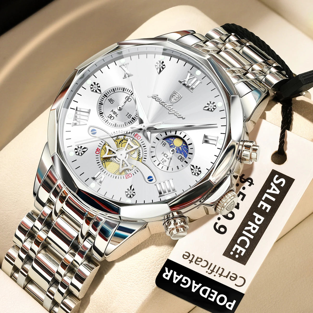 POEDAGAR Reloj de Lujo para Hombre, Reloj de Pulsera Cronógrafo Luminoso Impermeable Original Superior, de Acero Inoxidable, Relojes de Cuarzo para Hombre, Reloj