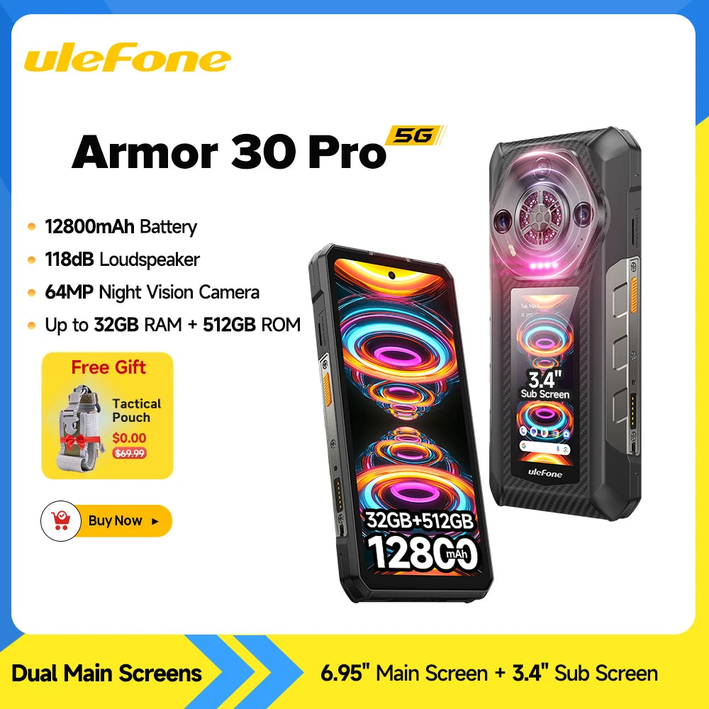 Ulefone Armor 30 Pro 5G Smartphone robusto Android 14 32GB+512GB 12800mAh Cámara nocturna 64MP NFC Altavoz potente