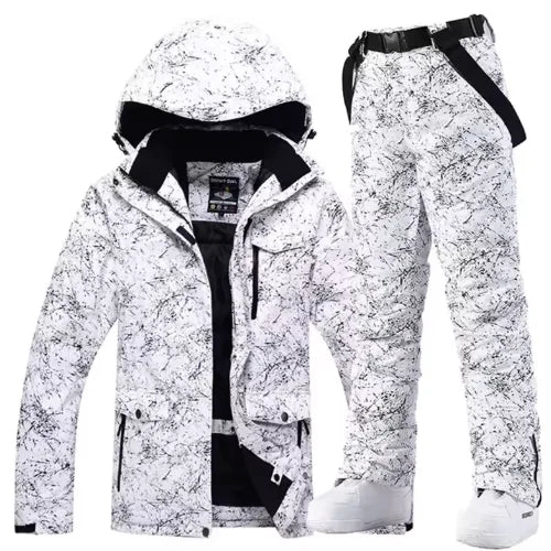 -30 Conjuntos de trajes de nieve blancos para hombres o mujeres Ropa de invierno al aire libre Ropa de snowboard Disfraces impermeables Chaqueta de esquí + Baberos de pantalón de nieve