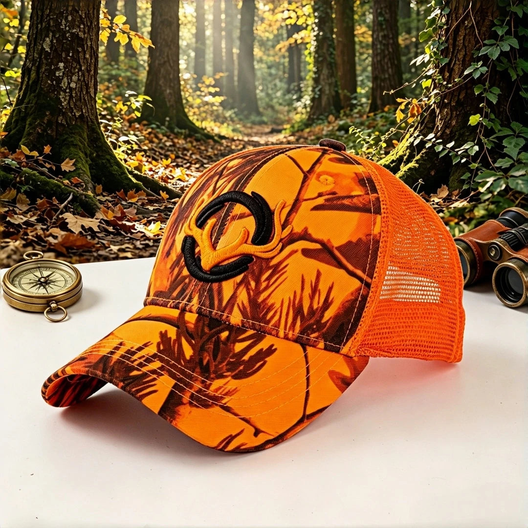 Gorra de camionero de caza con camuflaje de asta de ciervo, bordado para pesca al aire libre, gorra de béisbol de malla para hombres y mujeres