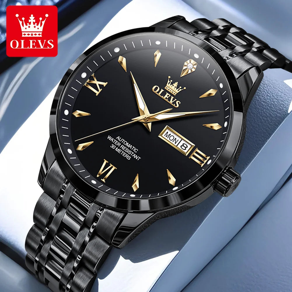 Reloj mecánico automático OLEVS 9956 para hombre, de acero inoxidable, resistente al agua, con fecha y día, versión de lujo original mejorada