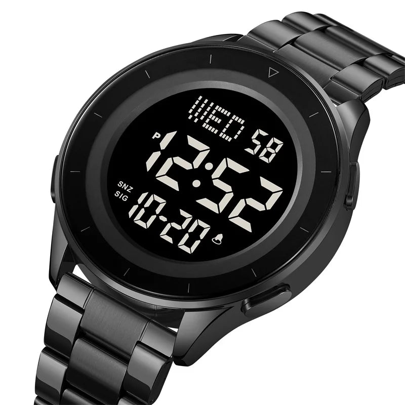Reloj de pulsera digital LED con doble zona horaria Skmei, correa de acero de lujo, resistente al agua 3Bar, reloj deportivo militar para hombre con alarma