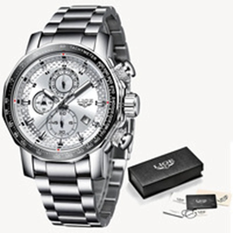 Reloj de negocios LIGE para hombre, de moda, militar, deportivo, resistente al agua, reloj de pulsera de cuarzo, de marca de lujo, de acero completo, reloj grande para hombre