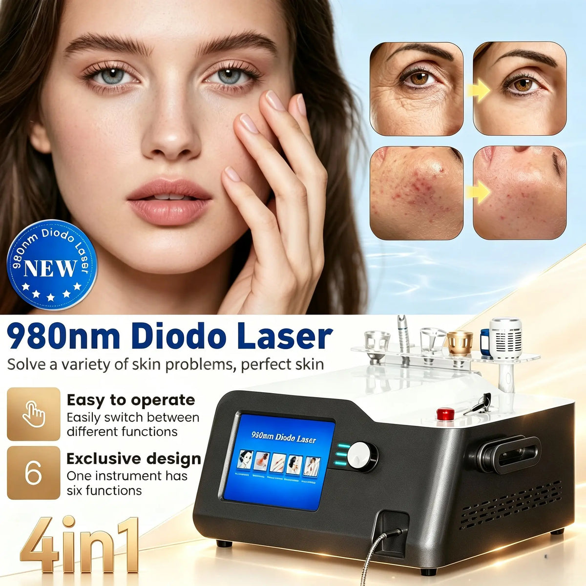 Máquina 4 en 1 con láser de diodo de 980 nm para la eliminación de vasos sanguíneos, el tratamiento de la onicomicosis, la fisioterapia láser, la regeneración y el rejuvenecimiento de la piel.