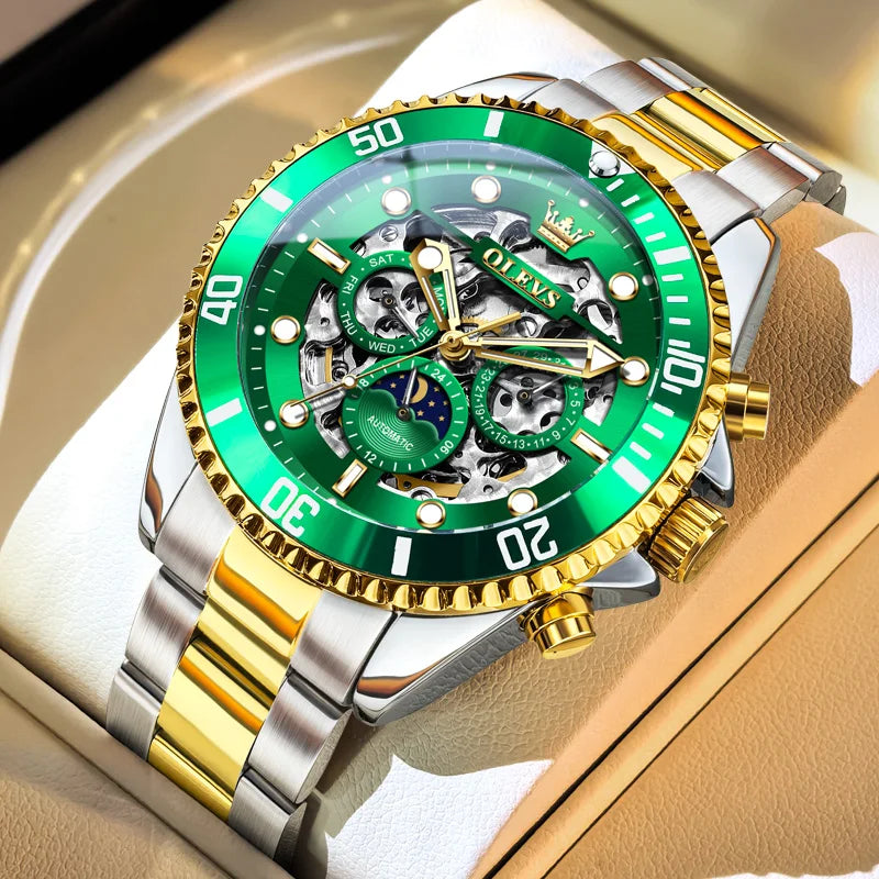 Reloj mecánico para hombre OLEVS 6715, serie de buceo, esfera esqueletizada, acero inoxidable, resistente al agua, fase lunar, fecha, reloj automático de lujo