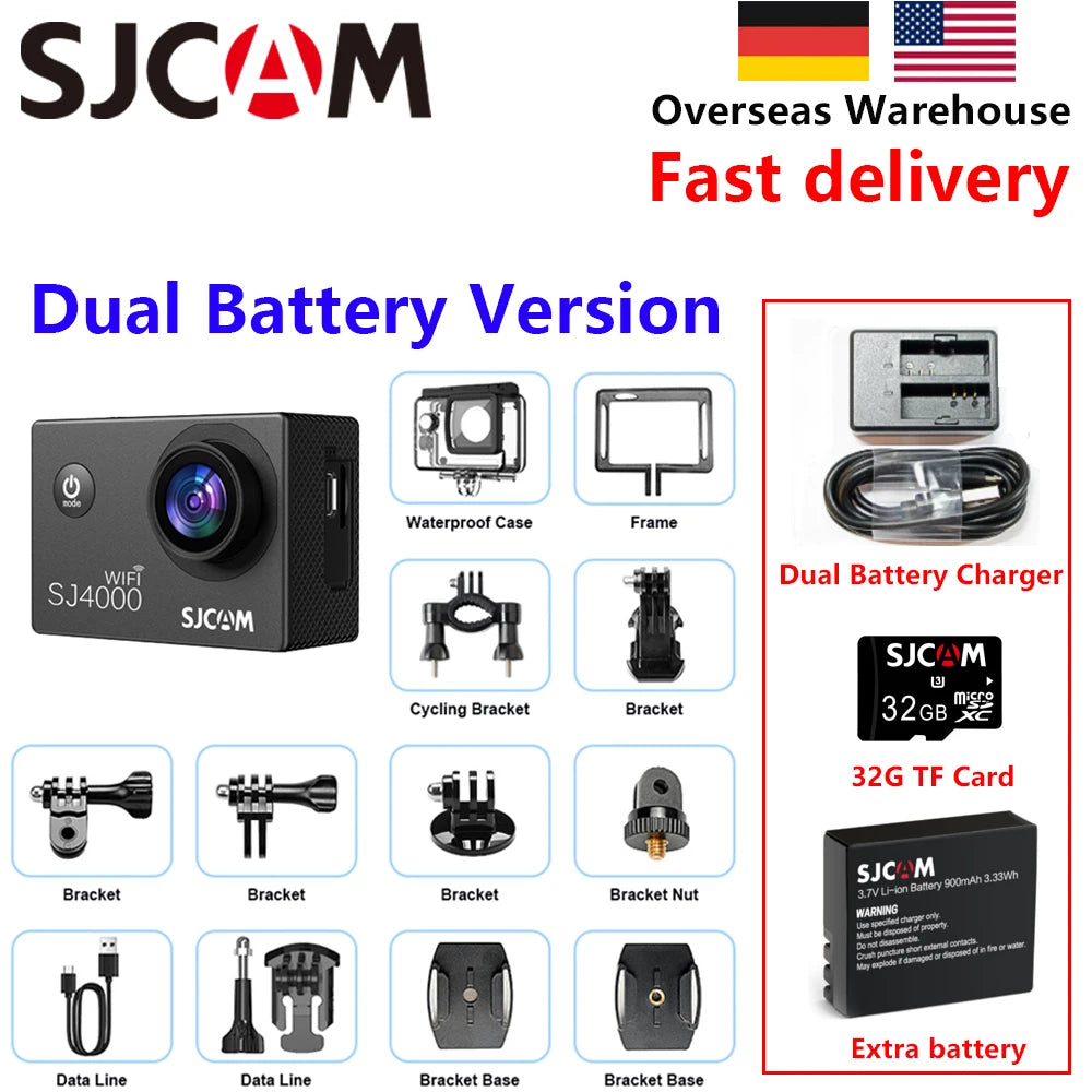 SJCAM SJ4000 Wifi 4K Cámara de acción cámara subacuática batería de larga duración Combo con tarjeta 32gTF cargador de batería Dual batería adicional