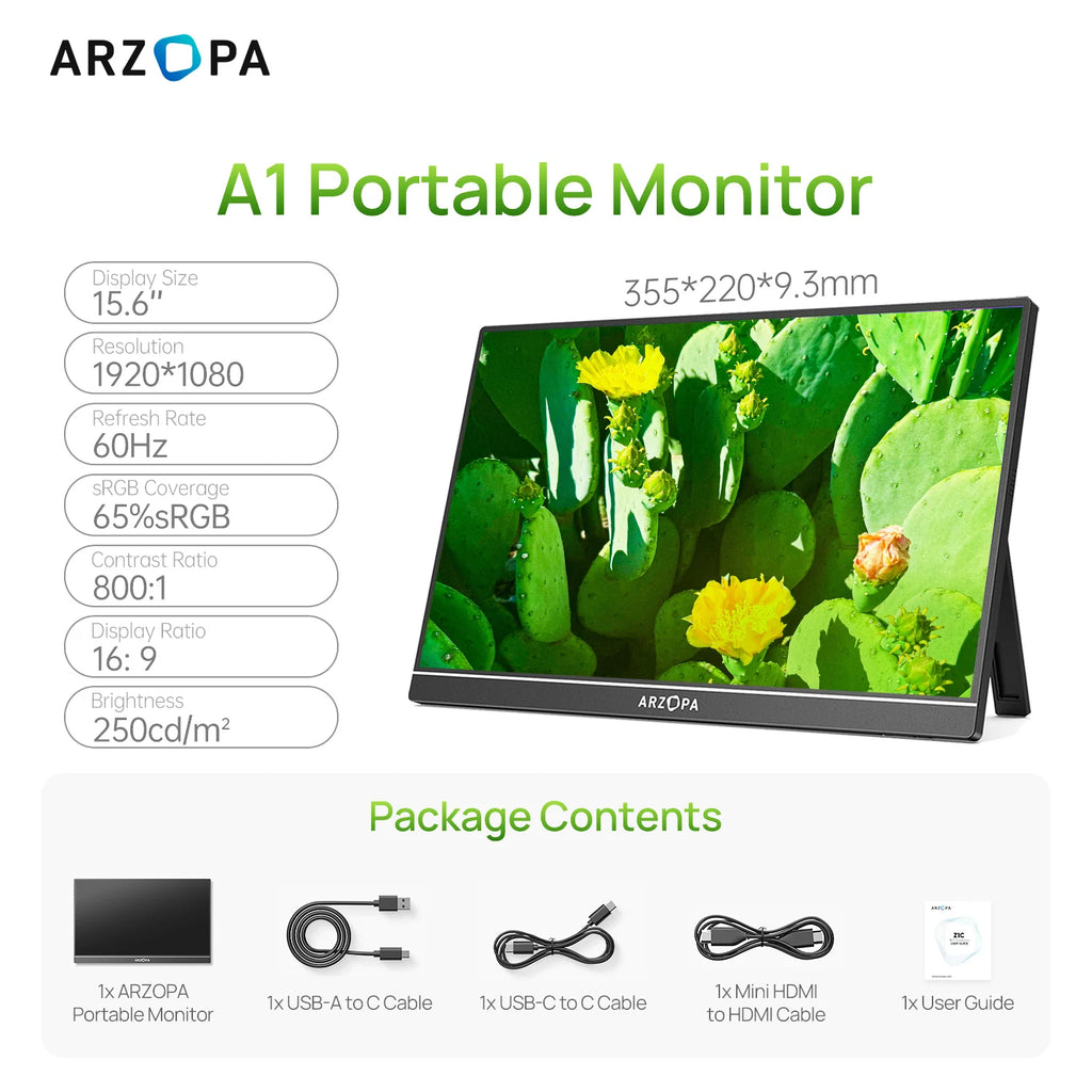 ARZOPA Monitor portátil de 15,6 pulgadas FHD 1080P IPS USB-C Mini-HDMI segunda pantalla externa para PC/MAC/teléfono/Xbox/PS A1