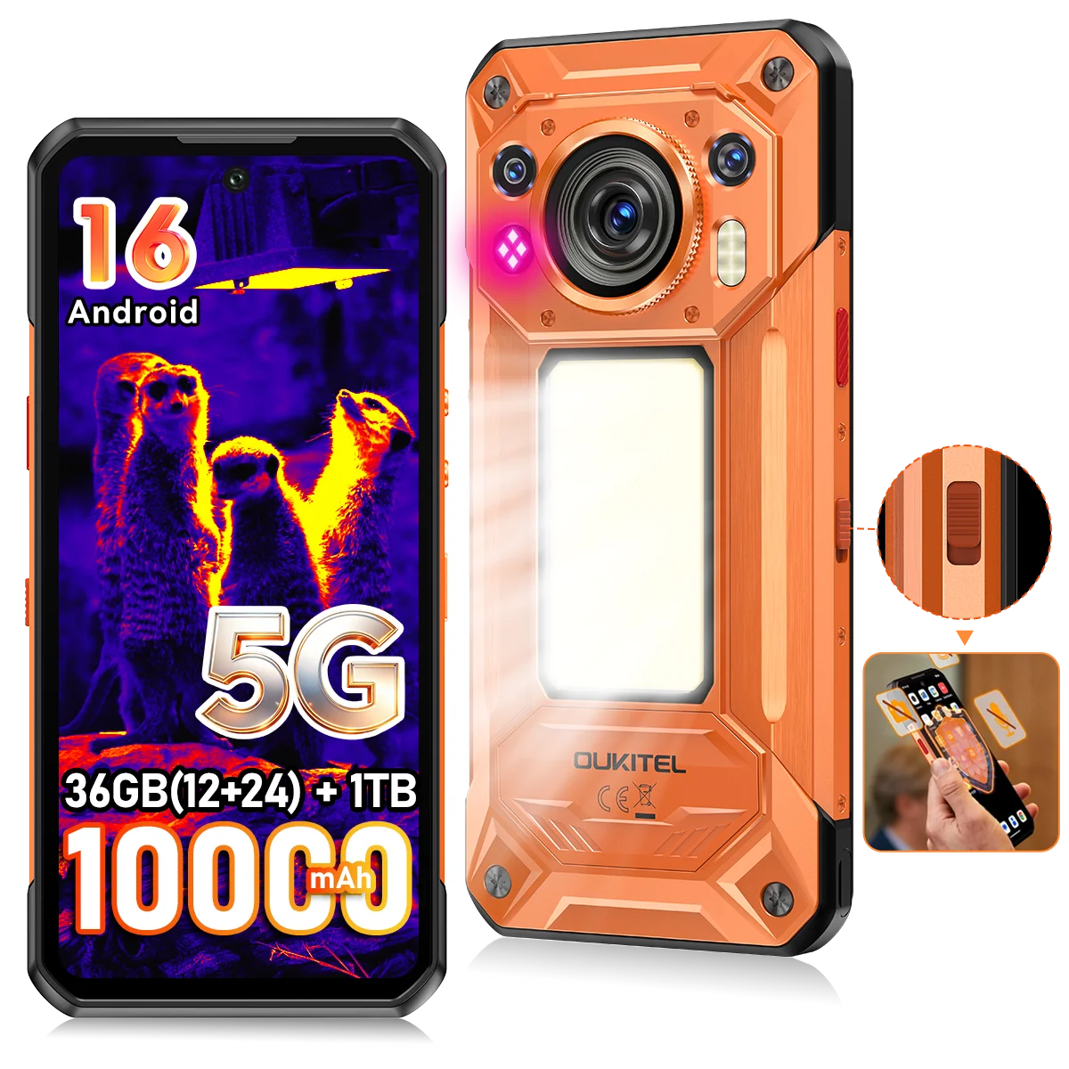 OUKITEL WP500 Ultra Android 16, el primer teléfono resistente del mundo con tecnología de imagen térmica e IA, con interruptor de privacidad, pantalla FHD+ de 6.78'', MTK Dimensity 8300, 36GB(12+24) de RAM+1TB, 10000mAh, 4