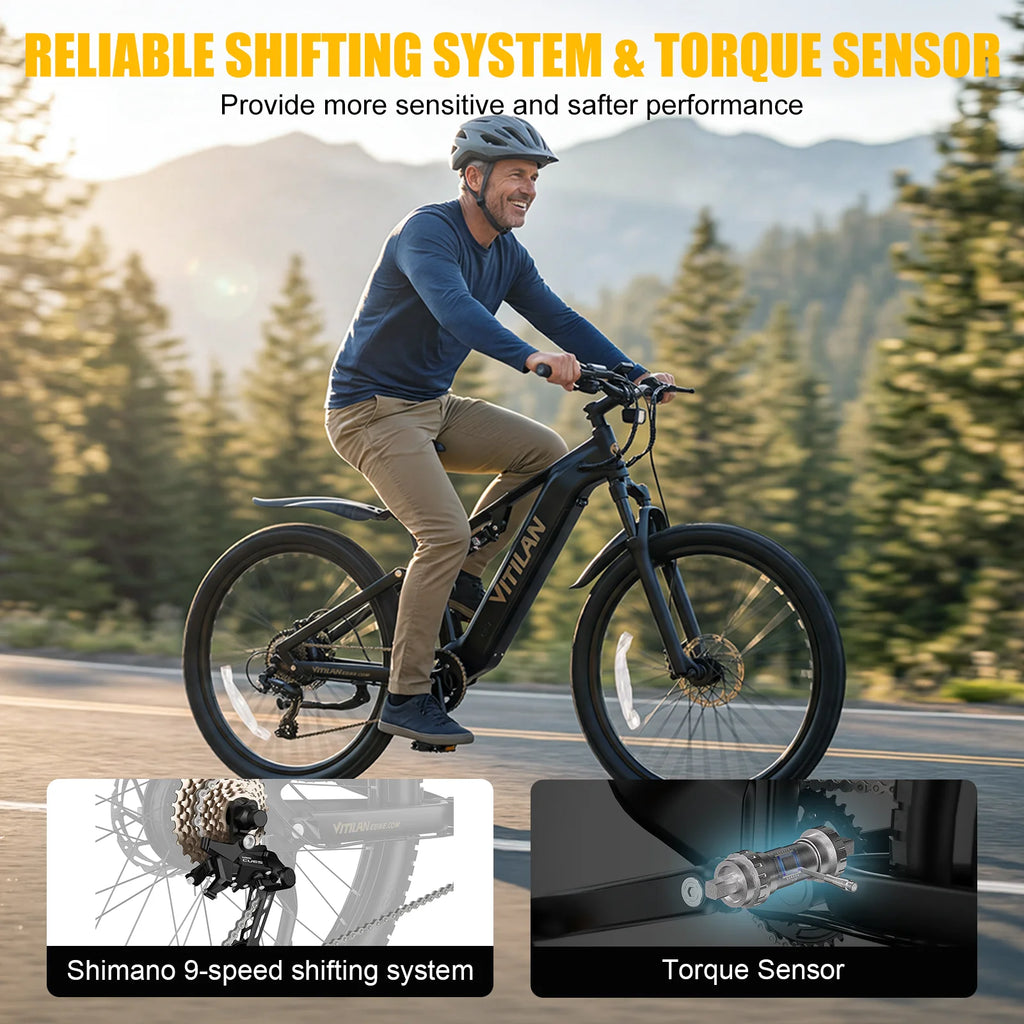 Bicicleta eléctrica Vitilan M5 de 1000W, 48V 15Ah, sensor de par de 90-100Nm, neumáticos de 27.5*2.8 pulgadas, cuadro de aluminio, 9 velocidades, para viajes al aire libre, adultos
