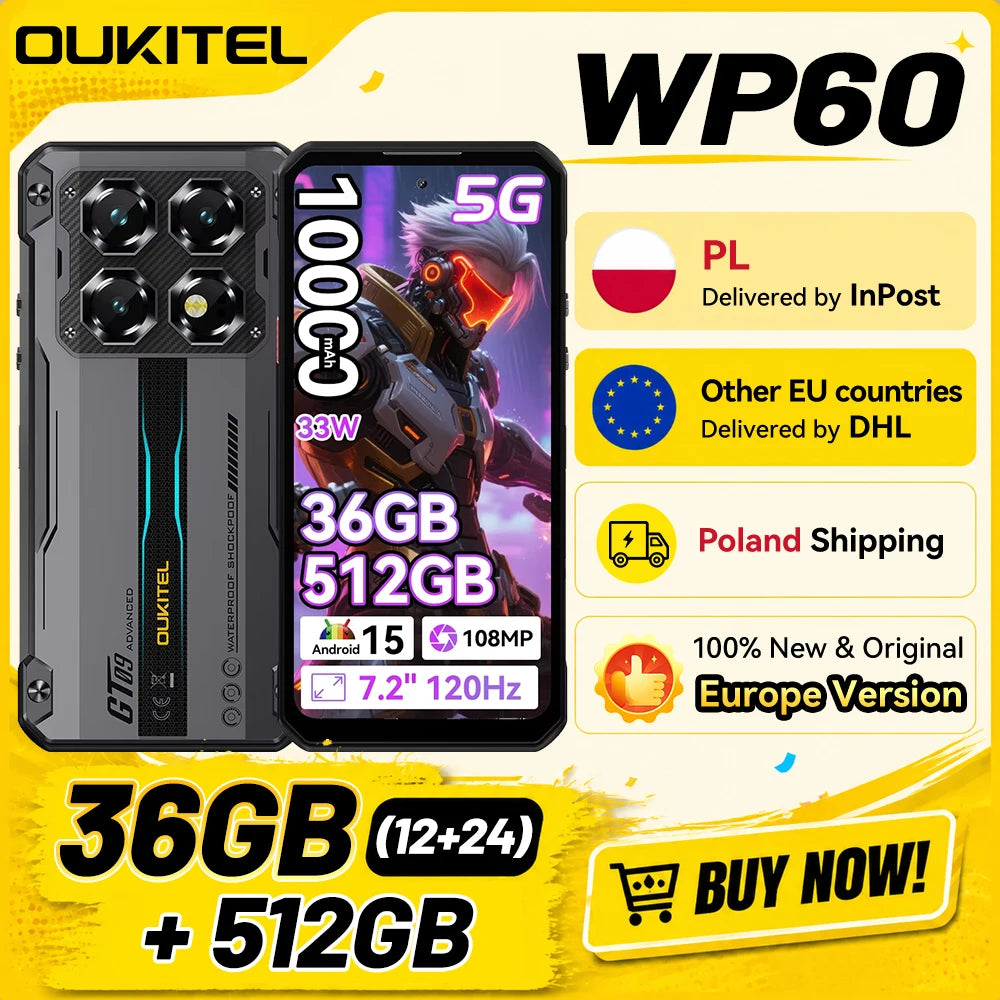 [Envío desde Polonia] OUKITEL WP60 Smartphone con Pantalla HD+ de 7.2” y 120Hz, 36GB (12+24) de RAM, 512GB de ROM, MTK 7025 5G, Batería de 10000mAh, Teléfono Resistente, 108MP, Android 15, NFC