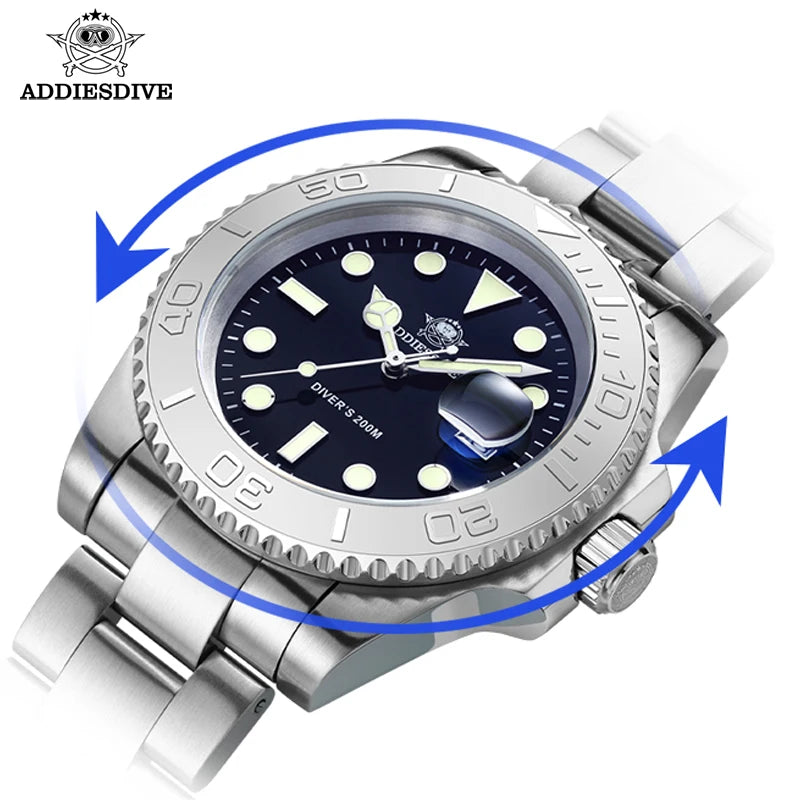 Reloj de cuarzo para hombre ADDIESDIVE, resistente al agua 200 m, bisel de cerámica, reloj de acero, cristal con lupa, luminiscencia azul BGW9, reloj de buceo