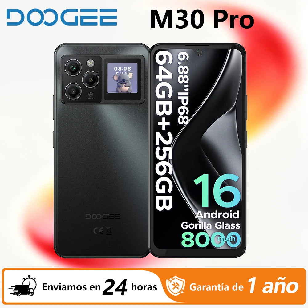Smartphone DOOGEE M30 Pro 6,88" IP68 Resistente al agua Android 16 Batería 8000mAh Pantalla trasera de 1,3 pulgadas 64GB(8+56) 256GB NFC Google Pay Teléfono móvil