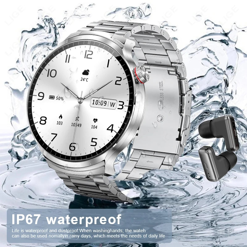 LIGE TWS Smart Watch with Earbuds 1.85" IPS Screen BT Call Heart Rate Sleep Monitor Waterproof Sports Smartwatch for Android iOS