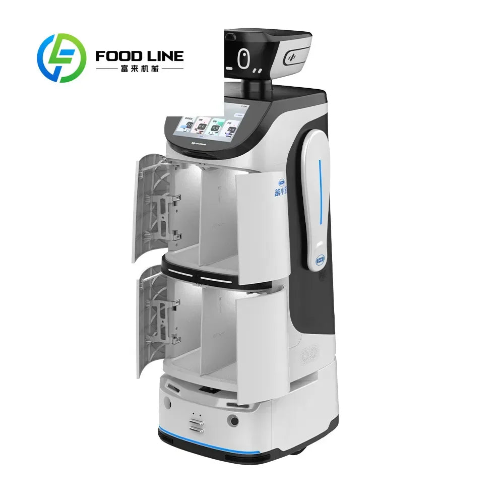 Robot de recepción y entrega automático, cuerpo blanco, panel negro y luz azul