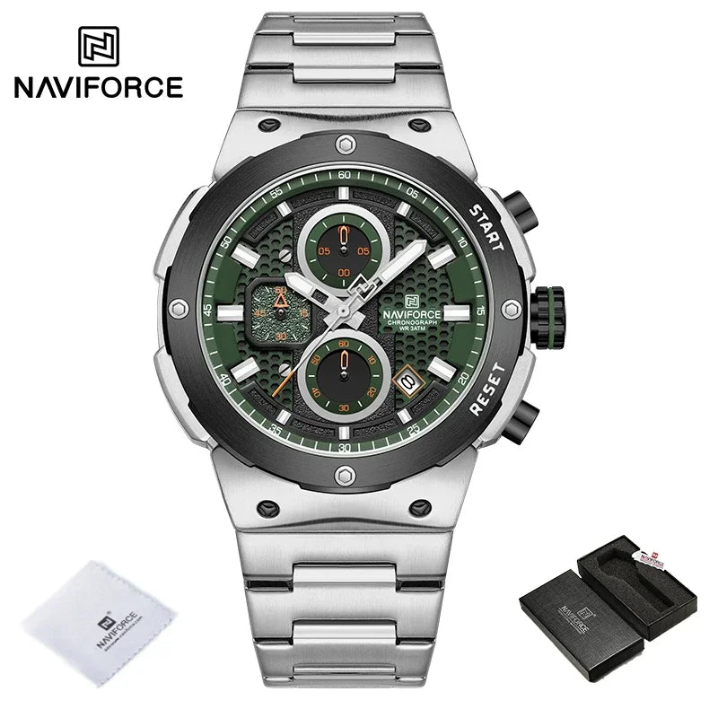 Reloj NAVIFORCE de lujo para hombre, con cronógrafo de cuarzo, luminoso, calendario, resistente al agua, de acero inoxidable, estilo deportivo y militar.
