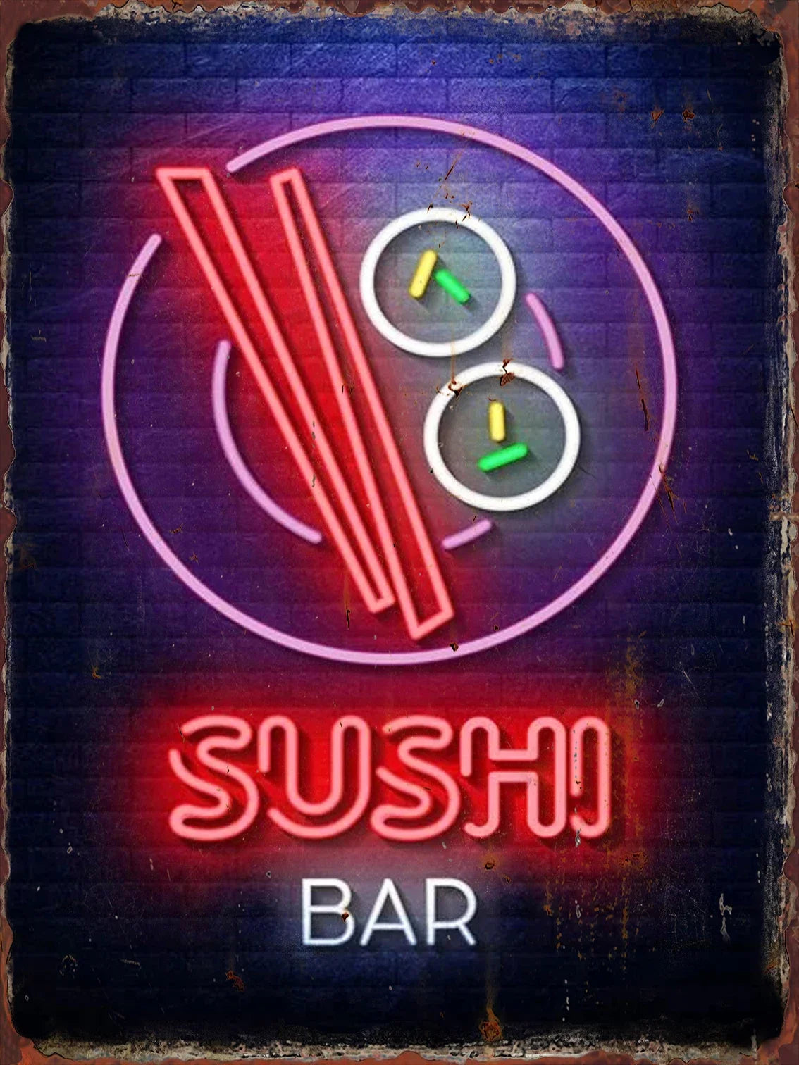 Cartel de hojalata con letrero neón de sushi y texto “BAR”