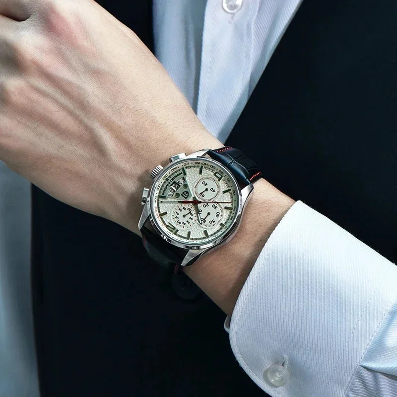 Reloj Cronógrafo Deportivo Multifuncional Impermeable para Hombre PAGANI DESIGN PD-3306, Reloj de Cuarzo Militar con Correa de Piel
