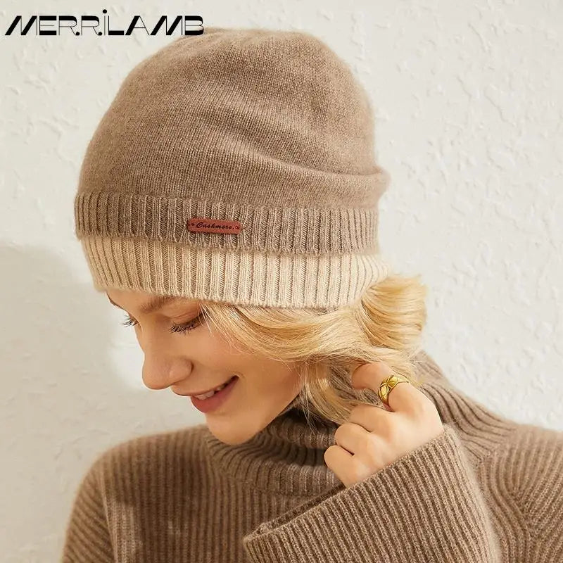 MERRILAMB-Sombrero de Cachemira para mujer, gorros gruesos y cálidos con orejeras, capucha, de punto, 100%