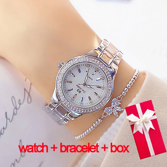 Relojes de pulsera para mujer, reloj de vestir dorado, reloj con diamantes de cristal, relojes de acero inoxidable plateados para mujer, Montre Femme