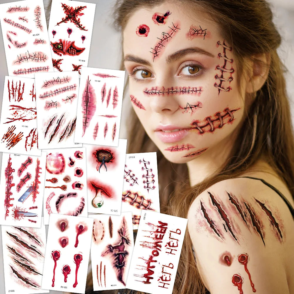 32 Uds. Tatuajes temporales de cicatriz falsa 3D de Halloween-diseños de heridas sangrientas y zombis para cara/cuerpo, fiesta de disfraces, broma y Cosplay