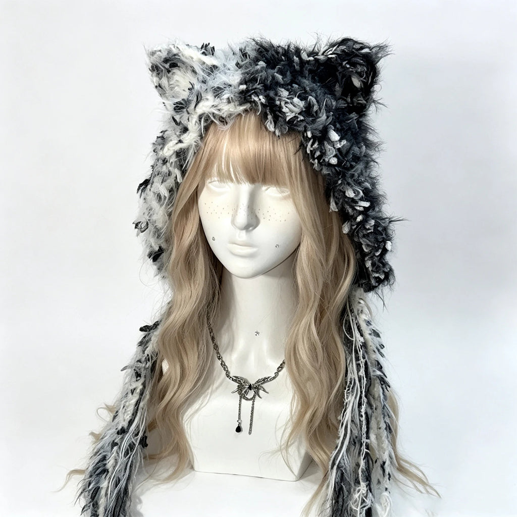 Gorro de invierno cálido, tejido a mano, personalizado, de ganchillo, negro y gris, con orejas de gato, peludo, estilo gótico, kawaii, lolita, cosplay, para hombre y mujer.
