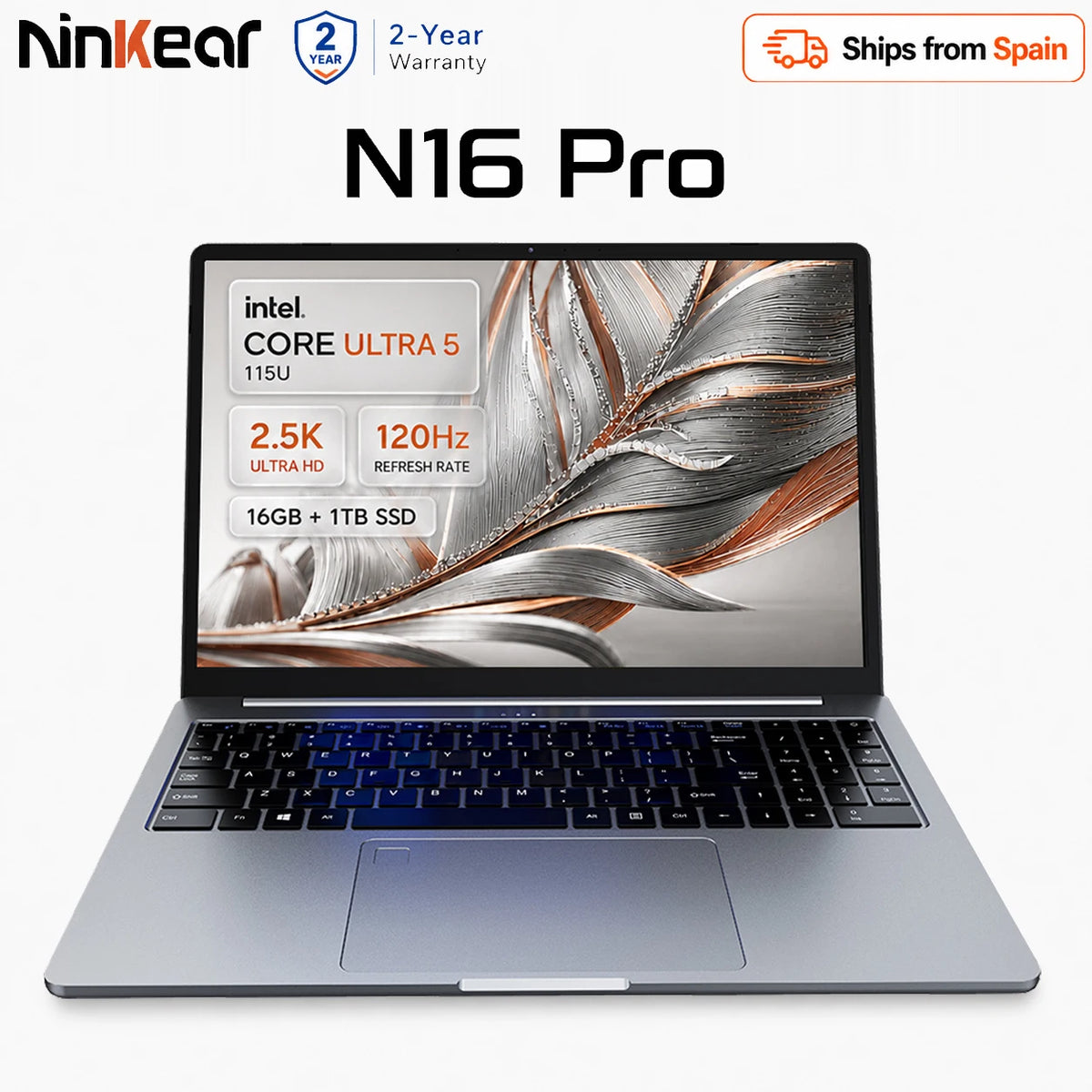 Ninkear N16 Pro AI Laptop Intel Core Ultra 5 115U, 16-inch 2.5K 120Hz IPS Display, 16GB LPDDR5 + 1TB SSD, WiFi 6, 79.8Wh Battery, Fingerprint Unlock, Backlit Keyboard, Windows 11