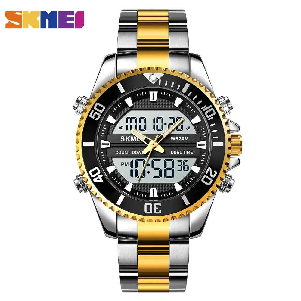 Reloj SKMEI con alarma para hombre, resistente al agua, de acero inoxidable, con doble pantalla, reloj digital de moda para caballero, modelo 1850
