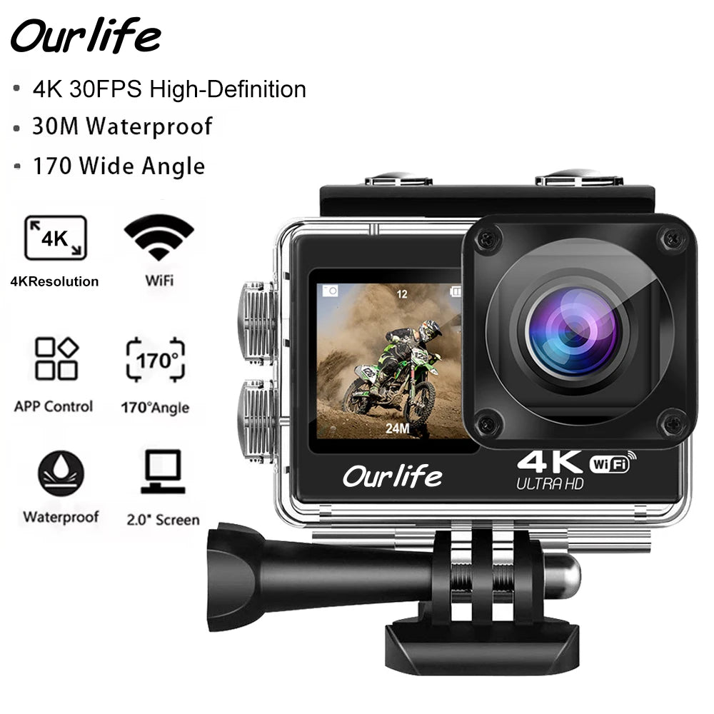 Cámara de acción Ourlife Q600 de doble pantalla 4K30FPS 30M cámara deportiva WiFi impermeable cámara de acción para casco con pantalla de 2 "con Control remoto