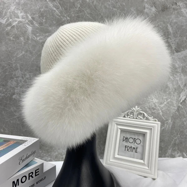 Nuevos y elegantes gorros para mujer, gorro de invierno cálido y esponjoso con hueso, gorro de piel de zorro Natural grueso y suave para exteriores, sombreros de cúpula para mujer