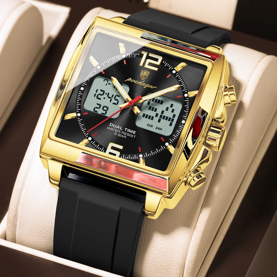 POEDAGAR Top Sports Men Watch Electronic LED Alarm Chronograph Man Watch Week Date Dual Time Quartz Business Men's Watches Reloj