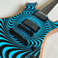 Guitarra eléctrica estilo Warlock, con diseño de remolino azul y negro, borde natural, 6 cuerdas, cuerpo sólido, guitarra de metal pesado.