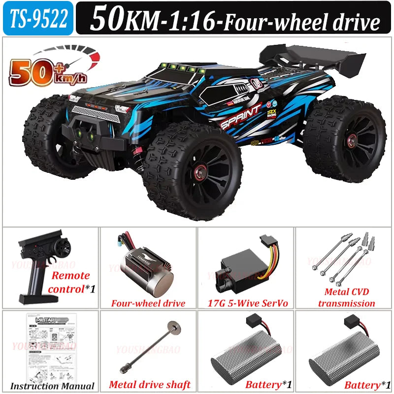 Coche de control remoto de alta velocidad 9522PRO con tracción en las cuatro ruedas sin escobillas, 85 km/h, para derrapes todoterreno, coche de carreras 9522 1:16, 50 km/h, juguete para niños