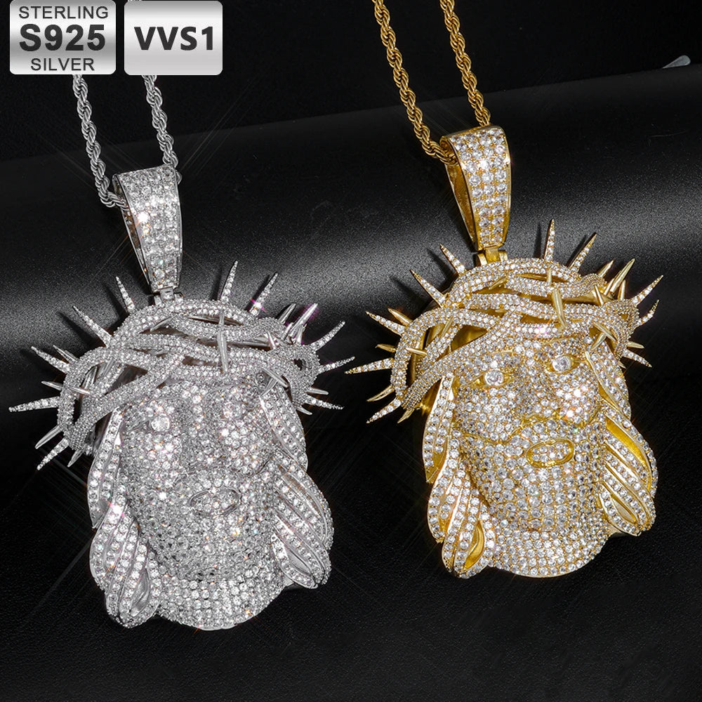 Collar de Joyería Hip Hop Personalizado HHIOK con Colgante de Jesús en Plata de Ley 925 con Incrustaciones de Moissanita VVS, Pasa la Prueba del Diamante