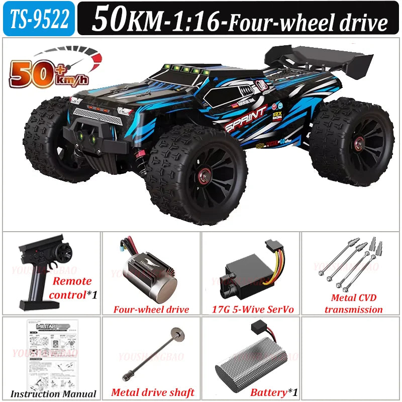 Coche de control remoto de alta velocidad 9522PRO con tracción en las cuatro ruedas sin escobillas, 85 km/h, para derrapes todoterreno, coche de carreras 9522 1:16, 50 km/h, juguete para niños