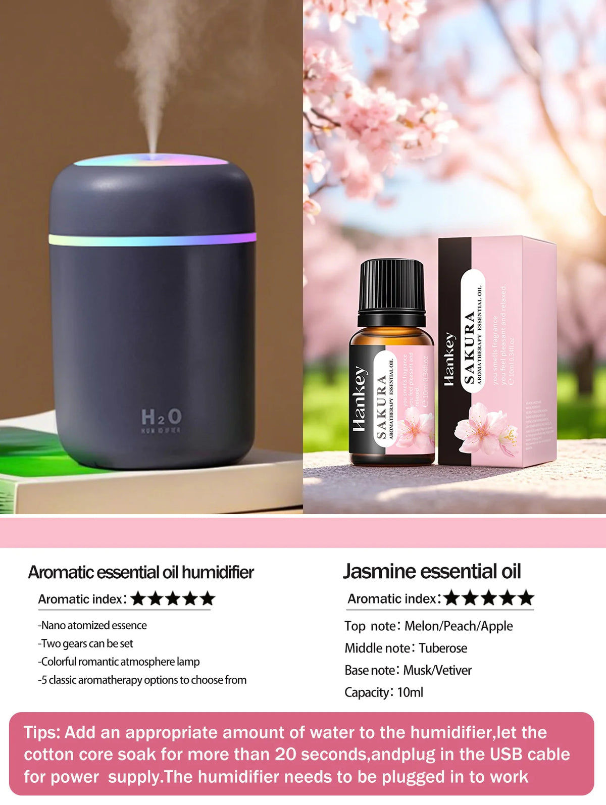 Difusor de aromaterapia de 300ml, humidificador, purificador de aire, uso doméstico en el coche, aceite esencial de aromaterapia con luz de siete colores