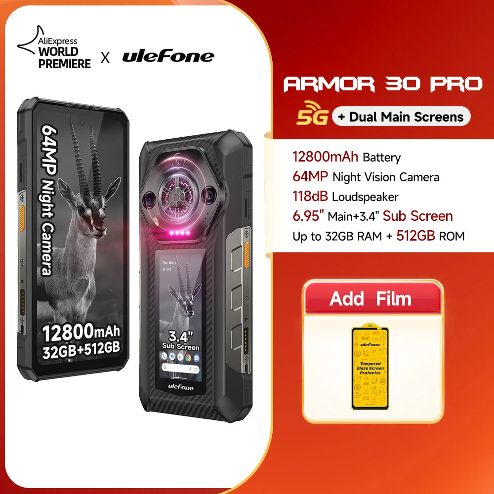 Ulefone Armor 30 Pro 5G Smartphone robusto Android 14 32GB+512GB 12800mAh Cámara nocturna 64MP NFC Altavoz potente